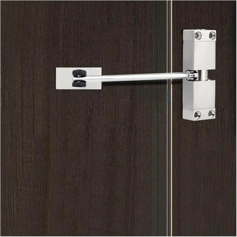 Automatic Door Closer No Brainer Self Closing for 180 Degree Openings Easy Install Adjustable Power Zinc Alloy Body on dark wooden door