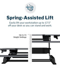 Side view of Two Tier Standing Desk Converter With Dual Handle Lift For Monitors And Accessories, 36 Inch Wide Sit Stand Riser, height settings visible