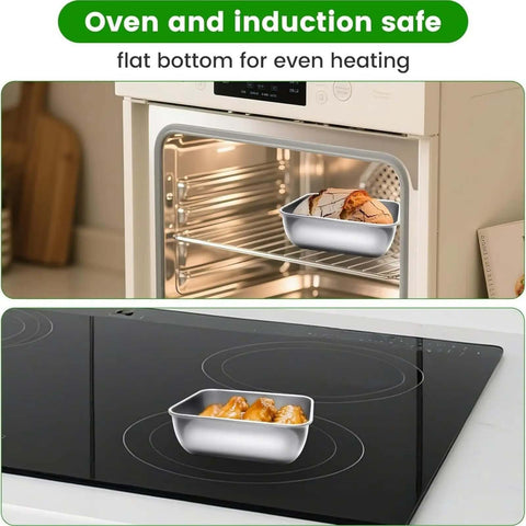 Five Piece Stainless Steel Storage Containers Set With Clear Lids shown in oven and on stove, oven and induction safe.