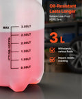 Heavy Duty Manual Transmission Fluid Transfer Pump Featuring Five Liter HDPE Tank with 3 liter measurement markings.