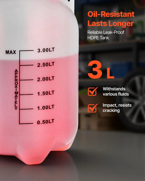 Heavy Duty Manual Transmission Fluid Transfer Pump Featuring Five Liter HDPE Tank with 3 liter measurement markings.