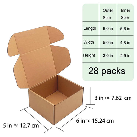 Rock Solid Brown Corrugated Shipping Boxes 6X5X3 Inches Bulk 28 Pack sturdy open mailer box with dimensions shown.