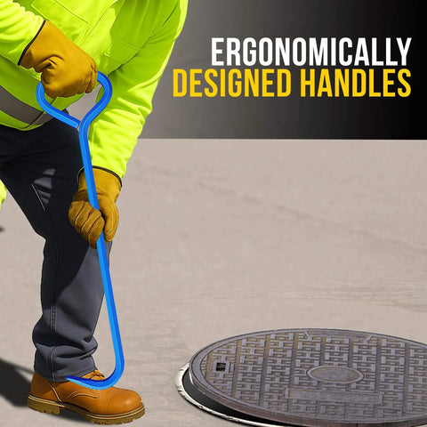 Worker using 36 Inch Manhole Hook Tool Hex Alloy Steel Heat Treated for Durable Lifting of manhole cover on road.