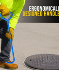 30-inch manhole cover hook tool, blue finish, single-hook design, side view