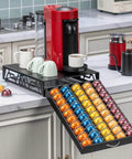 Modern Black Metal Vertuo Pod Storage Drawer That Holds 50 Vertuo Pods used in a kitchen setting with coffee machine on top