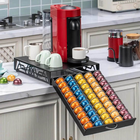 Modern Black Metal Vertuo Pod Storage Drawer That Holds 50 Vertuo Pods used in a kitchen setting with coffee machine on top