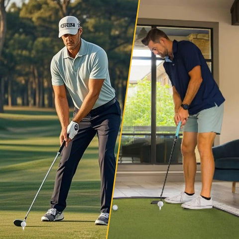 Golfers using durable rubber golf tees 8 pack mixed sizes for mats and driving range indoor and outdoor practice tees.