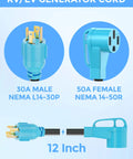 Heavy Duty 4 Prong Generator To Rv Adapter Cord 30 Amp To 50 Amp Nema L1430P To 1450R featuring 30A male and 50A female plugs.
