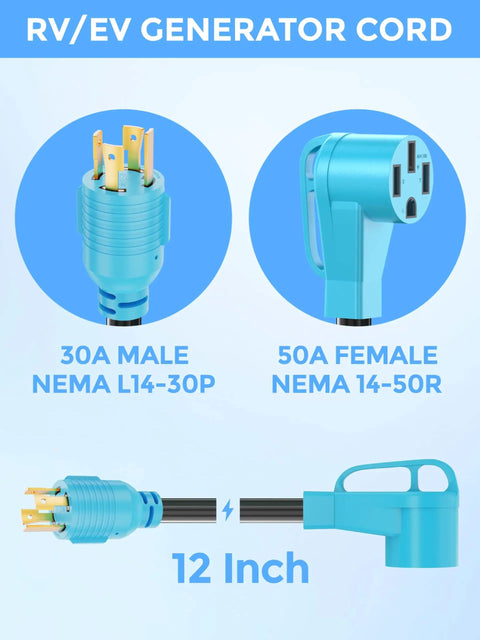 Heavy Duty 4 Prong Generator To Rv Adapter Cord 30 Amp To 50 Amp Nema L1430P To 1450R featuring 30A male and 50A female plugs.