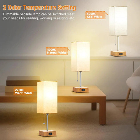 Set Of 2 Bedside Table Lamps With USB Charging Port And AC Outlet, 3 Color Temperature Nightstand Lamps In 2700K 4000K 5000K, Pull Chain