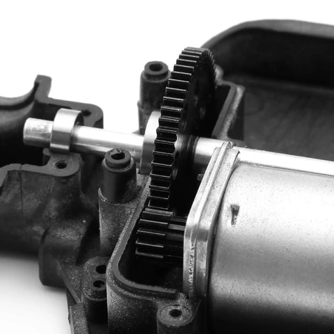 48DP Metal Pinion Gear Set for 1/18 RC cars installed on motor, showing hardened steel gears for Traxxas LaTrax Teton models.