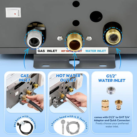 Ultra Lightweight Killer 8 Liter Portable Propane Water Heater With 2.11 GPM Tankless Flow and Crisp Digital Display connectors and fittings
