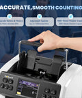 Hand using Money Counter Machine With Mixed Denomination And Bank Grade Cash Handling, 2CIS UV IR MG Counterfeit Detection.