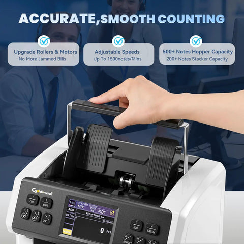 Hand using Money Counter Machine With Mixed Denomination And Bank Grade Cash Handling, 2CIS UV IR MG Counterfeit Detection.