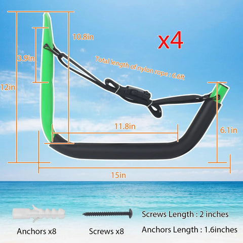 Heavy Duty Kayak Wall Mount Rack Kit Four Pack Green With Straps 100 Lb Capacity Ideal For Surfboards Snowboards Paddle Boards Kayaks Bikes Ladders Hoses And Other Garage Gear That Keeps Your Space Neat, side view with dimensions