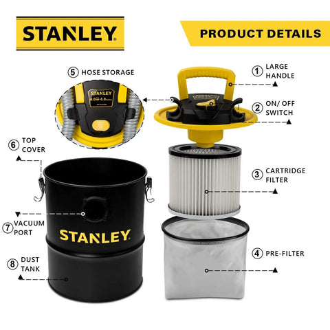 Beast Of A Ash Vacuum Cleaner With 4 Peak HP Motor, Portable 4 Gallon Canister product details overview including filter and tank components.
