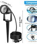 RGBW LED Color Changing Landscape Lights With Remote, spotlight dimensions and features, 15W waterproof outdoor use, plug-in setup.