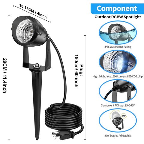 RGBW LED Color Changing Landscape Lights With Remote, spotlight dimensions and features, 15W waterproof outdoor use, plug-in setup.