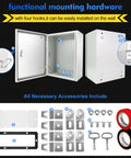 Rugged Outdoor Electrical Box Built Tough Steel Junction Enclosure 20 By 16 By 8 Inch NEMA 4X IP66 with mounting accessories.