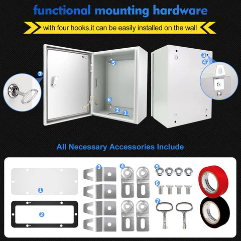 Rugged Outdoor Electrical Box Built Tough Steel Junction Enclosure 20 By 16 By 8 Inch NEMA 4X IP66 with mounting accessories.