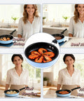 4.7 Inch Mini Nonstick Egg Pan With 5 Layer Coating showing shrimp, beef, dumplings, and hot dogs being cooked