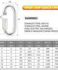 Size chart and specifications for stainless steel quick link with wide jaw, model SGM0083, used for rigging and anchoring.