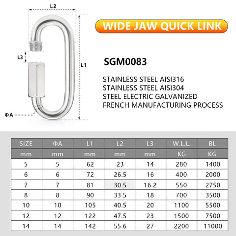Size chart and specifications for stainless steel quick link with wide jaw, model SGM0083, used for rigging and anchoring.
