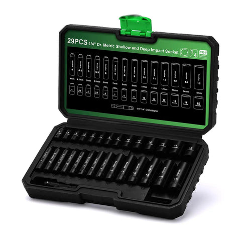 29-Piece 1/4-Inch Drive Impact Socket Set With Shallow And Deep 12-Point Sockets, CR-V Steel, Metric 4-15mm in black case