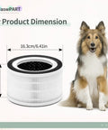Replacement Filter Set For Afloia Halo And Mooka Allo Air Purifiers next to dog showing dimensions of H13 True HEPA filtration.