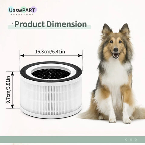 Replacement Filter Set For Afloia Halo And Mooka Allo Air Purifiers next to dog showing dimensions of H13 True HEPA filtration.