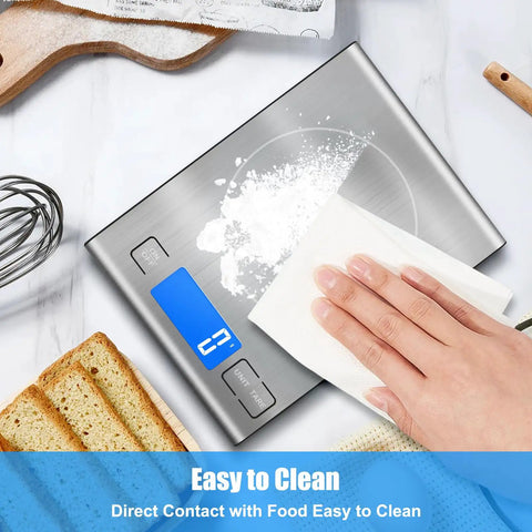 Five Pack Digital Kitchen Scale With 33lb Capacity, Stainless Steel 304, Backlit LCD, Tare Function, Accurate 1g 0.1oz Readings being cleaned.