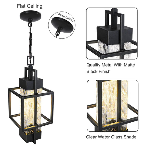 Top Tier 15 Inch Outdoor Indoor Pendant Light Featuring Heavy Duty Black Metal And Thick Water Seeded Glass Perfect For Front Porch Or Foyer Entryway Includes Dimmable Led Bulb No Hassle Install with matte black finish and clear water glass shade.