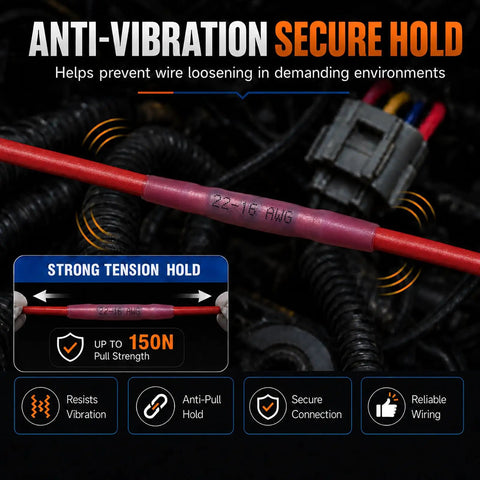 Blue Heat Shrink Butt Connectors 100 Pack 16 Thru 14 Awg Beefy Copper Crimp Wire Splices showing secure anti-vibration hold.