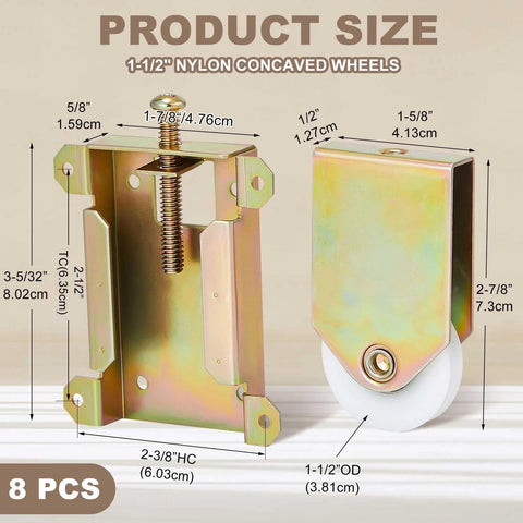 8 Piece Replacement Set Of Sliding Closet Door Rollers Two And A Half Inch Mounting With One And A Half Inch Nylon Concave Ball Bearing Wheels