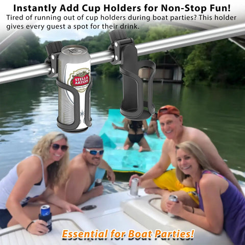 Rail Mount Cup Holder For Boats With 360 Degree Rotating Elastic Grip, Tool Free Install, on boat with people enjoying drinks
