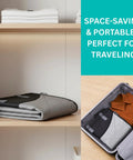 Over The Door Clothes Steamer Pad folded on shelf and packed in suitcase, ideal for compact spaces and travel.