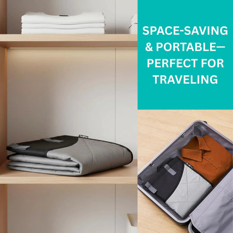 Over The Door Clothes Steamer Pad folded on shelf and packed in suitcase, ideal for compact spaces and travel.