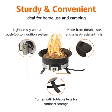 Portable Propane Fire Pit 19 Inch Round For Patio With 55,000 BTU Heat And Ambience Carry Strap Includes Burner Lid Lava Rock