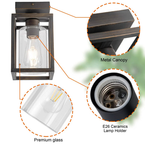 Semi Flush Mount Ceiling Light With Bronze Metal Frame And Clear Glass Shade, Farmhouse Style Fixture Detail View