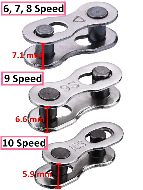 8 Pack Bicycle Missing Link Master Links For 6 To 10 Speed Chains, Reusable Silver Chain Connectors, size comparison of links.