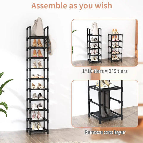 Tall Narrow Metal Shoe Rack Organizer With 10 Tier Design for Entryway and Closet Space Saver Corner Shelf, assembled with shoes.