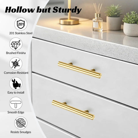 Brushed Gold 6 Inch Stainless Steel Cabinet Pulls With 3.8 Inch Hole Center Modern Drawer Handles DIY Friendly Double T Bar Design