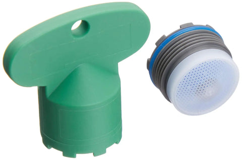 Gray Aerator Kit With Removal Tool For Faucets, shown with green handle and gray aerator, made from durable premium materials.