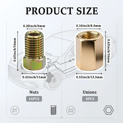 24 Piece 3/16 Brake Line Fittings Kit With 3/8-24 Threads, Inverted And Double Flare Unions And Nuts, 8 Unions And 16 Nuts, Essential Brake Line Repair Set For Flare Fittings, Heavy Duty Auto Grade DIY Gear. size chart for brass nuts and unions