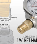 Glycerin-filled pressure gauge with 2.5-inch dial, stainless steel case, 1/4 NPT male lower mount, brass connection.