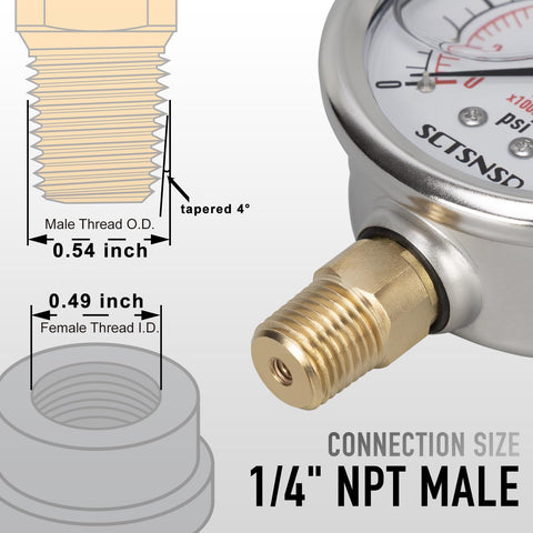Close-up of 1/4 inch NPT male connection on Liquid Filled Pressure Gauge 0 To 300 Psi, Two And A Half Inch Dial, Stainless Steel Case.