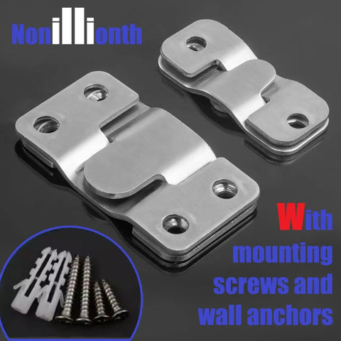 Built Like A Tank French Cleat Picture Hanging Kit With Six Stainless Steel Wall Mount Brackets And Anchors, showing stainless cleat components.