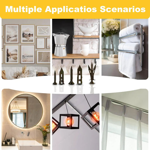 Collage of home interiors showcasing Self Drilling Drywall Anchors Kit 150Pcs With Screws Zinc Plated Steel in use