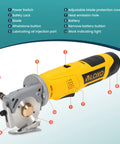 VlOXO Electric Rotary Fabric Cutter With Lightning Fast 2000Rpm Blade features labeled parts including blade, battery, and safety lock.