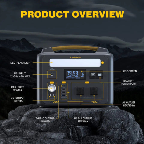 On The Go Portable Power Station 600W With 110W Solar Panel featuring ports and LCD screen for RV camping and home backup.